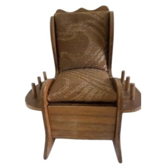 Pin Cushion Rocking Chair w/Drawer 6 Thread Spool Holders Vintage Wood - Picture 1 of 4